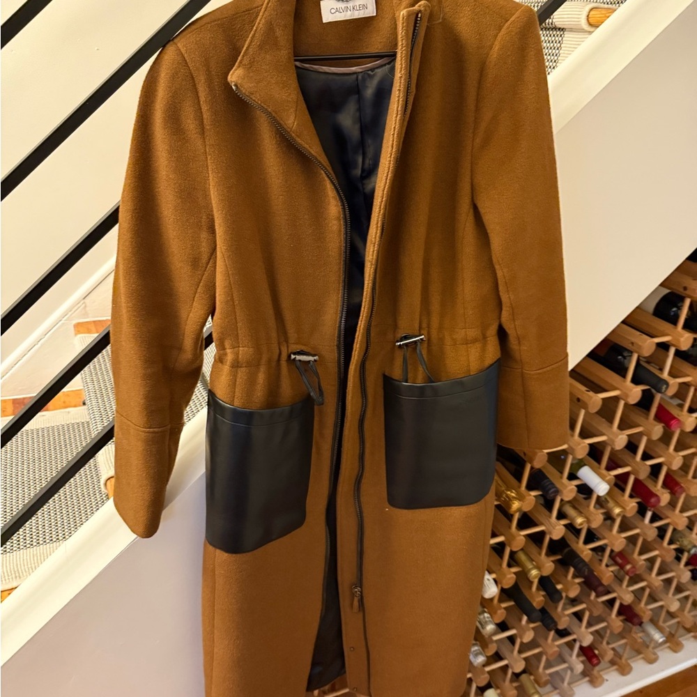 Calvin Klein Women's Beige Coat with leather brown Accent pockets